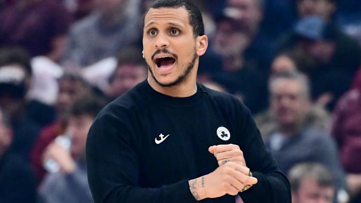 Mar 8, 2026; Cleveland, Ohio, USA; Boston Celtics head coach Joe Mazzulla reacts during the first quarter against the Cleveland Cavaliers at Rocket Arena. Mandatory Credit: Ken Blaze-Imagn Images