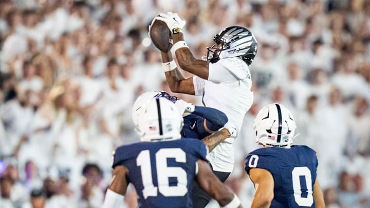 Oregon wide receiver Dakorien Moore hauls in a reception as the Oregon Ducks face the Penn State Nittany Lions on Sept. 27, 2025, at Beaver Stadium in University Park, Pennsylvania.