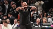 Jan 15, 2024; Brooklyn, New York, USA;  Brooklyn Nets head coach Jacque Vaughn yells out instructions in the fourth quarter against the Miami Heat at Barclays Center. Mandatory Credit: Wendell Cruz-Imagn Images