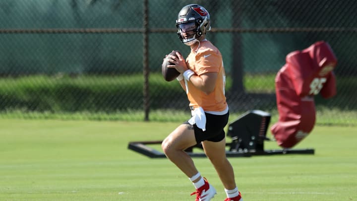Jun 11, 2025; Tampa, FL, USA; Tampa Bay Buccaneers quarterback Baker Mayfield (6) works out at One Buc Place. Mandatory Credit: Kim Klement Neitzel-Imagn Images