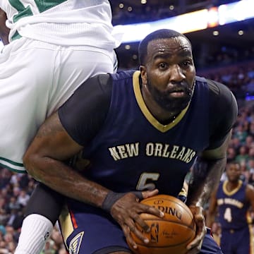 Apr 6, 2016; Boston, MA, USA; New Orleans Pelicans center Kendrick Perkins (5) avoids Boston Celtics guard Terry Rozier (12) during the first half at TD Garden. Mandatory Credit: Winslow Townson-Imagn Images