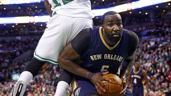 Apr 6, 2016; Boston, MA, USA; New Orleans Pelicans center Kendrick Perkins (5) avoids Boston Celtics guard Terry Rozier (12) during the first half at TD Garden. Mandatory Credit: Winslow Townson-Imagn Images