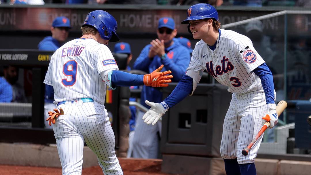 May 14, 2026; New York City, New York, USA; New York Mets center fielder A.J. Ewing (9) celebrates his solo home run against the Detroit Tigers with right fielder Carson Benge (3) during the third inning at Citi Field. The home run was the first of Ewing's MLB career. Mandatory Credit: Brad Penner-Imagn Images May 14, 2026; New York City, New York, USA; New York Mets center fielder A.J. Ewing (9) celebrates his solo home run against the Detroit Tigers with right fielder Carson Benge (3) during the third inning at Citi Field. The home run was the first of Ewing's MLB career. Mandatory Credit: Brad Penner-Imagn Images