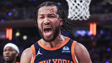 May 8, 2024; New York, New York, USA; New York Knicks guard Jalen Brunson (11) celebrates in the fourth quarter  after scoring against the Indiana Pacers during game two of the second round for the 2024 NBA playoffs at Madison Square Garden. Mandatory Credit: Wendell Cruz-Imagn Images