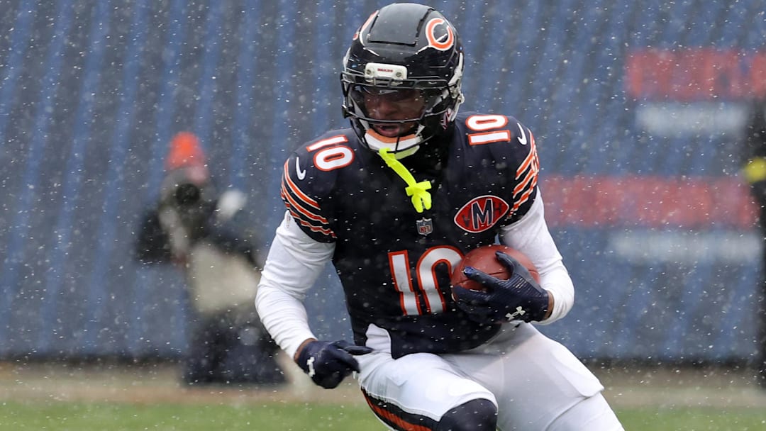 Nov 9, 2025; Chicago, Illinois, USA; Chicago Bears wide receiver Luther Burden III (10) makes a catch against the New York Giants during the second half at Soldier Field.