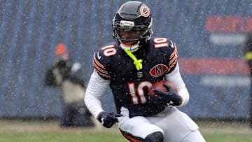 Nov 9, 2025; Chicago, Illinois, USA; Chicago Bears wide receiver Luther Burden III (10) makes a catch against the New York Giants during the second half at Soldier Field.