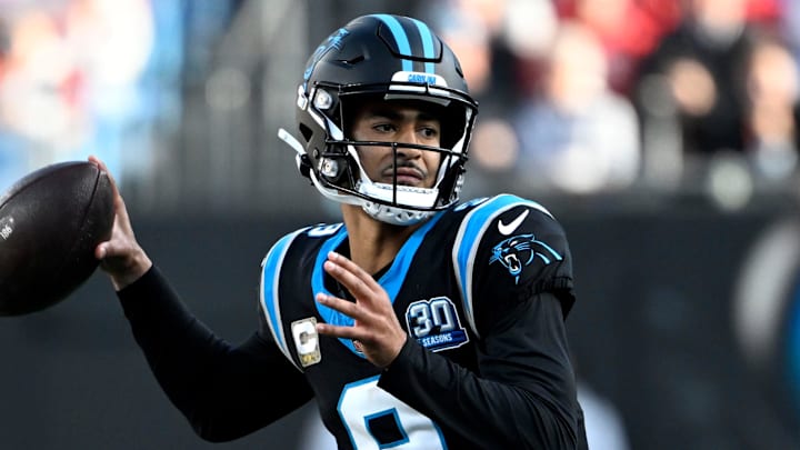 Nov 24, 2024; Charlotte, North Carolina, USA; Carolina Panthers quarterback Bryce Young (9) looks to pass in the third quarter at Bank of America Stadium. Mandatory Credit: Bob Donnan-Imagn Images Nov 24, 2024; Charlotte, North Carolina, USA; Carolina Panthers quarterback Bryce Young (9) looks to pass in the third quarter at Bank of America Stadium. Mandatory Credit: Bob Donnan-Imagn Images