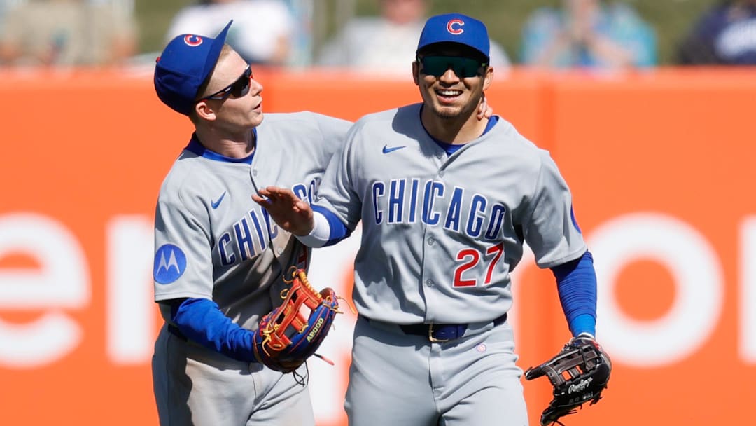 Apr 2, 2025; West Sacramento, California, USA; Chicago Cubs outfielder Pete Crow-Armstrong (4) hugs outfielder Seiya Suzuki (27) after the game against the Athletics at Sutter Health Park.