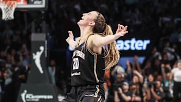 Sep 24, 2024; Brooklyn, New York, USA; New York Liberty guard Sabrina Ionescu (20) celebrates during game two of the first round of the 2024 WNBA Playoffs against the Atlanta Dream at Barclays Center. Mandatory Credit: Wendell Cruz-Imagn Images