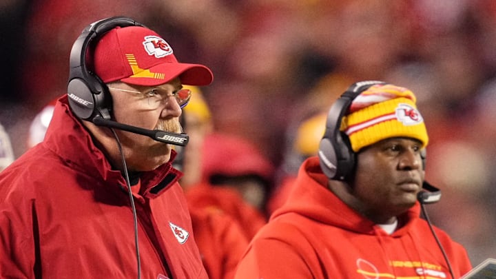Nov 1, 2021; Kansas City, Missouri, USA; Kansas City Chiefs head coach Andy Reid (left) and offensive coordinator Eric Bieniemy (right) look on from the sideline during the first quarter against the New York Giants at GEHA Field at Arrowhead Stadium. Mandatory Credit: Jay Biggerstaff-Imagn Images
