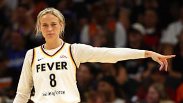 Aug 7, 2025; Phoenix, Arizona, USA; Indiana Fever guard Sophie Cunningham (8) reacts against the Phoenix Mercury during an WNBA game at PHX Arena. Mandatory Credit: Mark J. Rebilas-Imagn Images