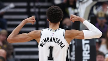 Oct 31, 2024; Salt Lake City, Utah, USA; San Antonio Spurs center Victor Wembanyama (1) reacts to a play against the Utah Jazz during the third quarter at Delta Center. Mandatory Credit: Rob Gray-Imagn Images