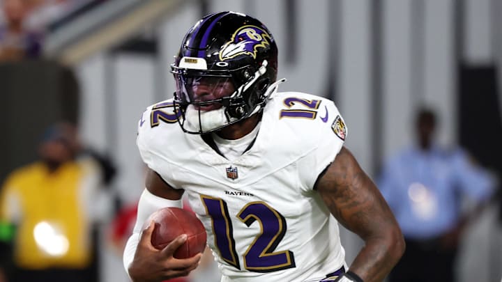 Aug 26, 2023; Tampa, Florida, USA; Baltimore Ravens quarterback Anthony Brown (12) runs with the ball against the Tampa Bay Buccaneers during the second quarter at Raymond James Stadium. Mandatory Credit: Kim Klement Neitzel-Imagn Images Aug 26, 2023; Tampa, Florida, USA; Baltimore Ravens quarterback Anthony Brown (12) runs with the ball against the Tampa Bay Buccaneers during the second quarter at Raymond James Stadium. Mandatory Credit: Kim Klement Neitzel-Imagn Images