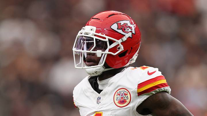 Oct 4, 2026; Paradise, Nevada, USA; Kansas City Chiefs wide receiver Xavier Worthy (1) jogs onto the field during the game against the Las Vegas Raiders at Allegiant Stadium. Mandatory Credit: David Brytus-Imagn Images