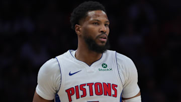 Mar 19, 2025; Miami, Florida, USA; Detroit Pistons guard Malik Beasley (5) looks on against the Miami Heat during the fourth quarter at Kaseya Center. Mandatory Credit: Sam Navarro-Imagn Images