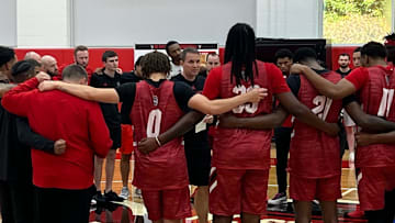 Will Wade and the N.C. State men's basketball team on Monday, Sept. 22, 2025, during the first official day of practice inside the Dail Basketball Center.