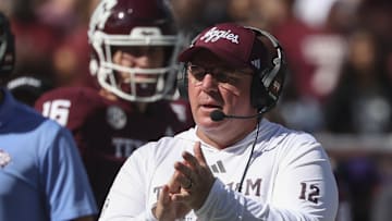 Nov 15, 2025; College Station, Texas, USA; Texas A&M Aggies head coach Mike Elko reacts during the second quarter against the South Carolina Gamecocks at Kyle Field. Mandatory Credit: Troy Taormina-Imagn Images