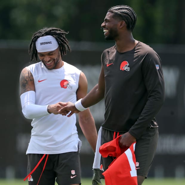 Browns quarterback Shedeur Sanders (right) chats with wide receiver Gage Larvadain after practice, Tuesday, June 10, 2025, in