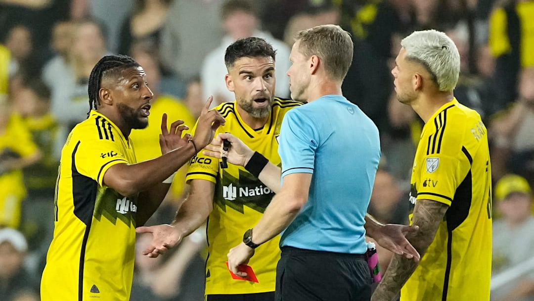 Oct 2, 2024; Columbus, OH, USA; Columbus Crew defender Rudy Camacho (4) reacts to receiving a red card with defender Steven Moreira (31) and forward Christian Ramirez (17) during the second half of the MLS soccer game at Lower.com Field. Miami won 3-2.