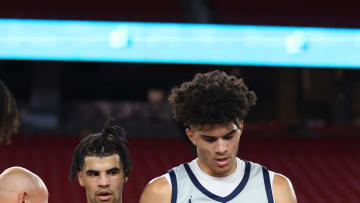 Jun 24, 2023; Glendale, AZ, USA; Columbus player Cameron Boozer (12) and brother Cayden Boozer (2) during the Section 7 high school boys tournament at State Farm Stadium. Mandatory Credit: Mark J. Rebilas-USA TODAY Sports