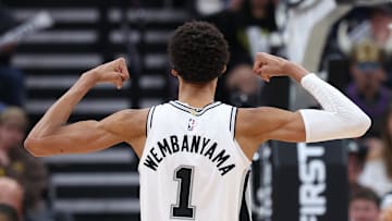 Oct 31, 2024; Salt Lake City, Utah, USA; San Antonio Spurs center Victor Wembanyama (1) reacts to a play against the Utah Jazz during the third quarter at Delta Center. Mandatory Credit: Rob Gray-Imagn Images