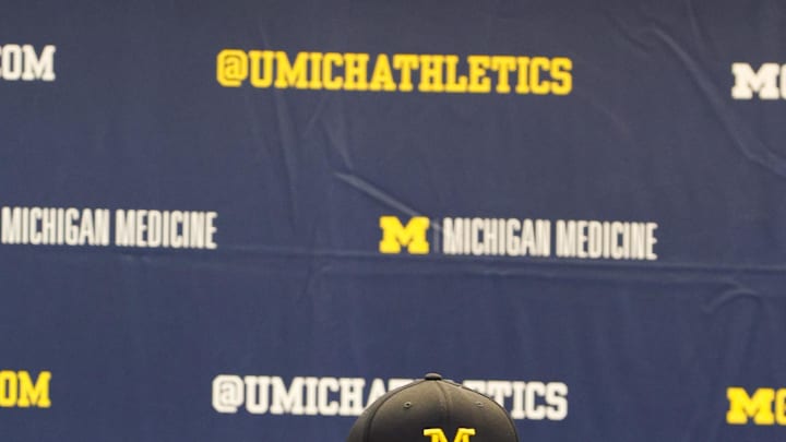 Apr 18, 2026; Ann Arbor, MI, USA; Michigan Wolverines head coach Kyle Whittingham gives remarks following the spring game at Michigan Stadium. Mandatory Credit: Brian Bradshaw Sevald-Imagn Images