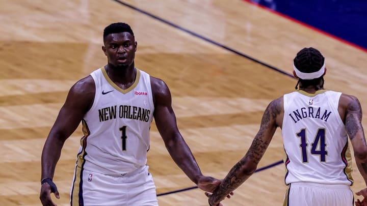 Apr 26, 2021; New Orleans, Louisiana, USA;  New Orleans Pelicans forward Zion Williamson (1) is congratulated by forward Brandon Ingram (14) after making a three point basket against LA Clippers during the second half at the Smoothie King Center. Mandatory Credit: Stephen Lew-USA TODAY Sports