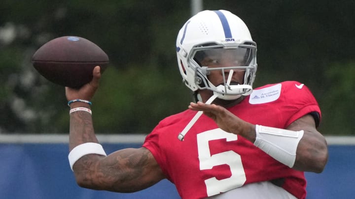 Indianapolis Colts quarterback Anthony Richardson (5) throws the ball during the Colts’ training camp Wednesday, Aug. 7, 2024, at Grand Park Sports Complex in Westfield.