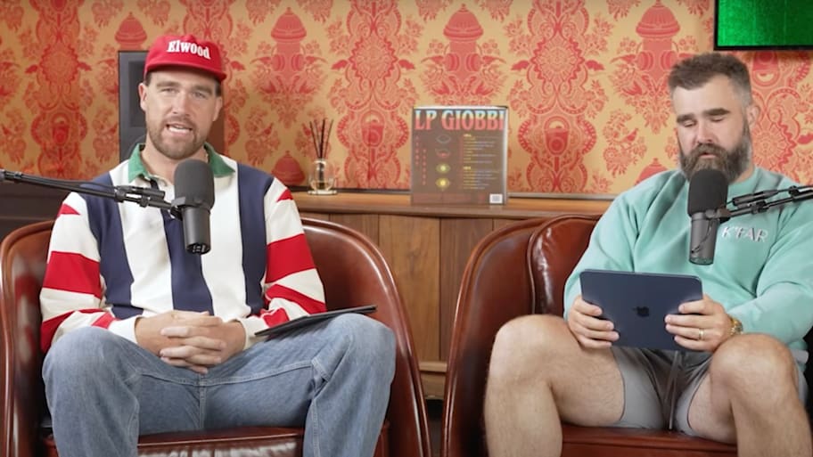 Travis Kelce and Jason Kelce on their podcast 'New Heights.' | via New Heights
