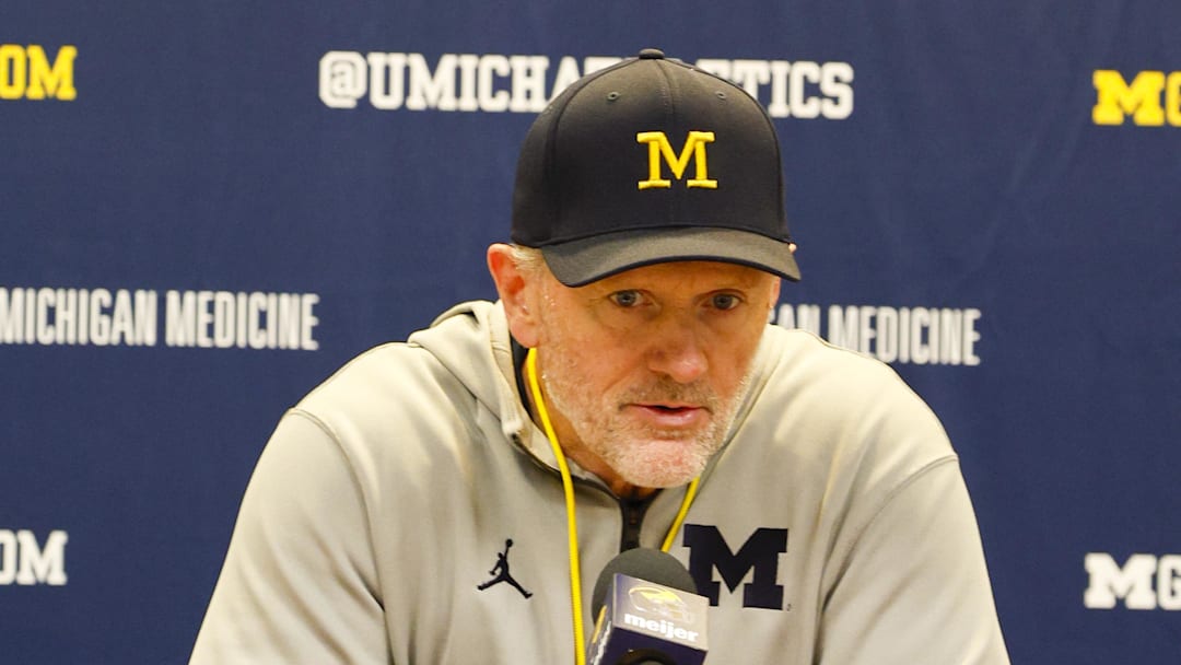 Apr 18, 2026; Ann Arbor, MI, USA; Michigan Wolverines head coach Kyle Whittingham gives remarks following the spring game at Michigan Stadium. Mandatory Credit: Brian Bradshaw Sevald-Imagn Images