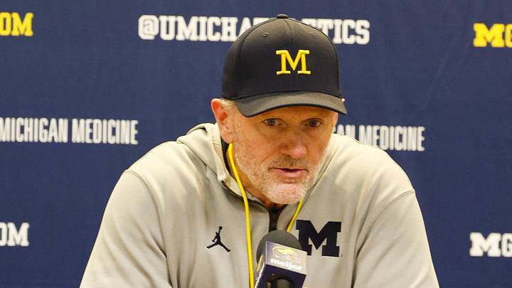 Apr 18, 2026; Ann Arbor, MI, USA; Michigan Wolverines head coach Kyle Whittingham gives remarks following the spring game at Michigan Stadium. Mandatory Credit: Brian Bradshaw Sevald-Imagn Images