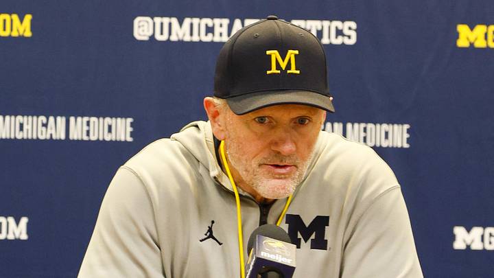 Apr 18, 2026; Ann Arbor, MI, USA; Michigan Wolverines head coach Kyle Whittingham gives remarks following the spring game at Michigan Stadium. Mandatory Credit: Brian Bradshaw Sevald-Imagn Images
