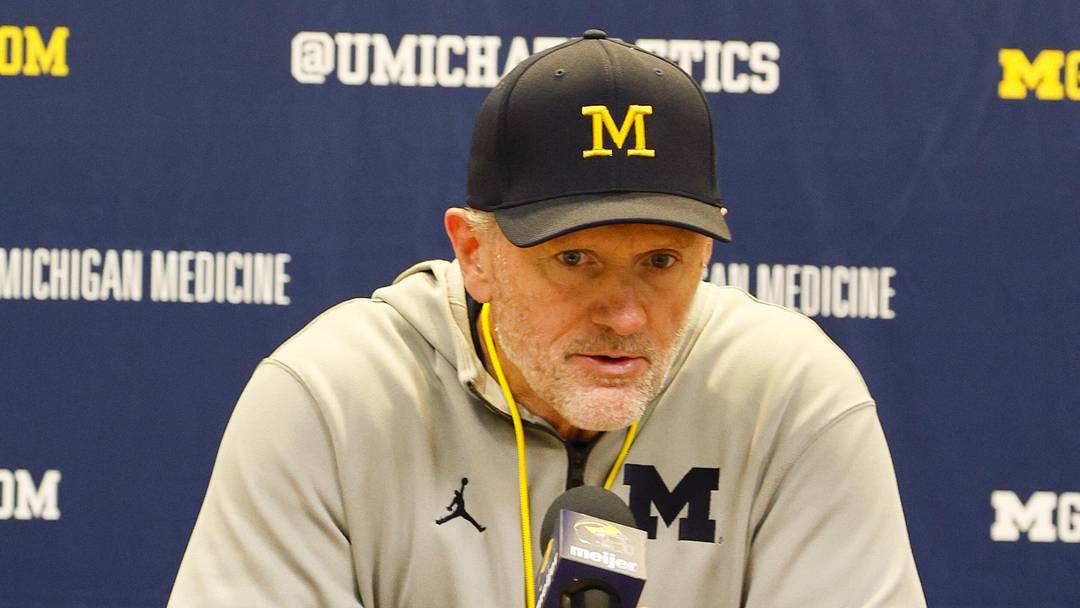 Apr 18, 2026; Ann Arbor, MI, USA; Michigan Wolverines head coach Kyle Whittingham gives remarks following the spring game at Michigan Stadium. Mandatory Credit: Brian Bradshaw Sevald-Imagn Images