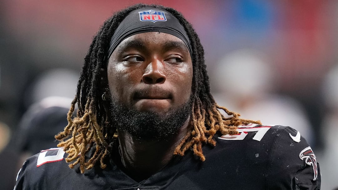 Aug 13, 2021; Atlanta, Georgia, USA; Atlanta Falcons defensive tackle Ta'Quon Graham (95) on the field against the Tennessee Titans at Mercedes-Benz Stadium. Mandatory Credit: Dale Zanine-Imagn Images