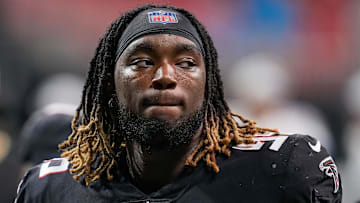 Aug 13, 2021; Atlanta, Georgia, USA; Atlanta Falcons defensive tackle Ta'Quon Graham (95) on the field against the Tennessee Titans at Mercedes-Benz Stadium. Mandatory Credit: Dale Zanine-Imagn Images