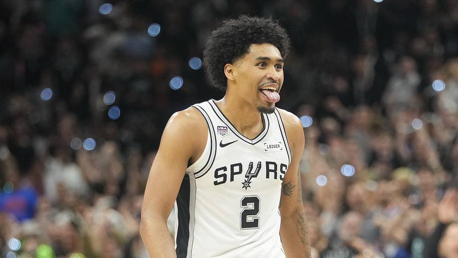San Antonio Spurs guard Dylan Harper reacts in the fourth quarter during game two of the 2026 NBA Finals.