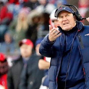 Dec 23, 2018; Foxborough, MA, USA; New England Patriots head coach Bill Belichick during the second half against the Buffalo Bills at Gillette Stadium. Mandatory Credit: Winslow Townson-Imagn Images