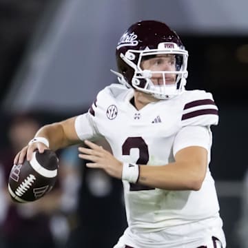 Sep 7, 2024; Tempe, Arizona, USA; Mississippi State Bulldogs quarterback Blake Shapen (2) against the Arizona State Sun Devils at Mountain America Stadium. Mandatory Credit: Mark J. Rebilas-Imagn Images