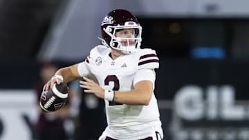Sep 7, 2024; Tempe, Arizona, USA; Mississippi State Bulldogs quarterback Blake Shapen (2) against the Arizona State Sun Devils at Mountain America Stadium. Mandatory Credit: Mark J. Rebilas-Imagn Images