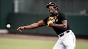 Vanderbilt outfielder RJ Austin throws a ball during a Wednesday practice at Hawkins Field ahead of the Commodores' final SEC series of the season.