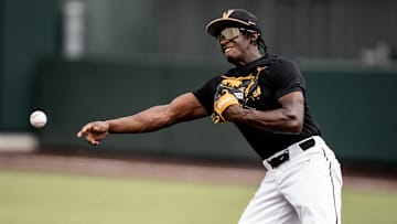 Vanderbilt outfielder RJ Austin throws a ball during a Wednesday practice at Hawkins Field ahead of the Commodores' final SEC series of the season.