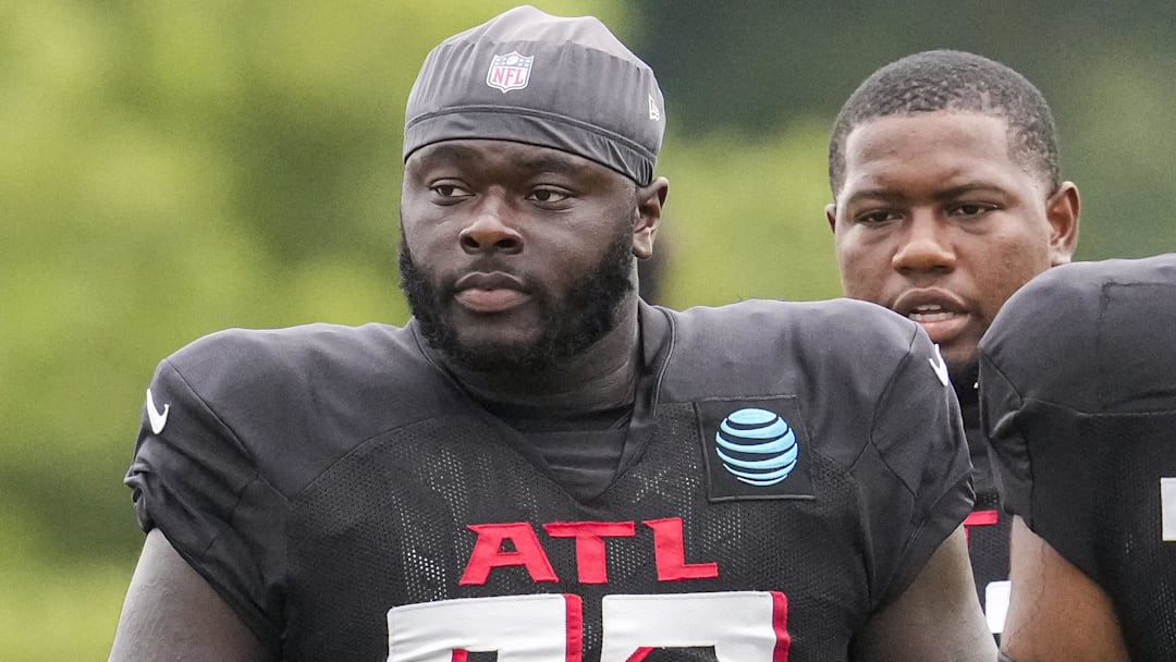 Aug 1, 2022; Flowery Branch, GA, USA; Atlanta Falcons defensive tackle Timmy Horne (93) shown on the field during training camp at IBM Performance Field. Mandatory Credit: Dale Zanine-Imagn Images