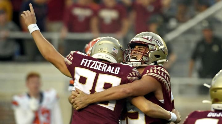 Oct 2, 2021; Tallahassee, Florida, USA; Florida State Seminoles kicker Ryan Fitzgerald (88) and holder Alex Mastromanno (29) celebrate after kicking a game-winning field goal against the Syracuse Orange at Doak S. Campbell Stadium. Mandatory Credit: Melina Myers-USA TODAY Sports