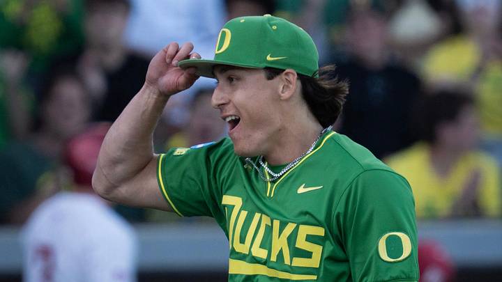 Oregon pitcher Will Sanford celebrates a strikeout against Washington State during the first inning of day two of the NCAA Eugene Regional Tournament at PK Park n Eugene May 30, 2026.