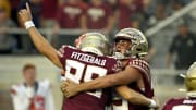 Oct 2, 2021; Tallahassee, Florida, USA; Florida State Seminoles kicker Ryan Fitzgerald (88) and holder Alex Mastromanno (29) celebrate after kicking the game winning field goal against the Syracuse Orange at Doak S. Campbell Stadium. Mandatory Credit: Melina Myers-USA TODAY Sports