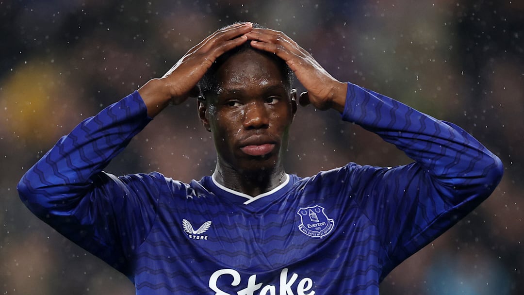 Everton's Thierno Barry reacts to a loss against Tottenham in the Premier League.