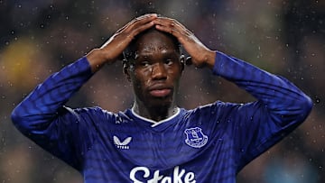 Everton's Thierno Barry reacts to a loss against Tottenham in the Premier League.