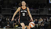 Jul 10, 2022; Chicago, Ill, USA; Team Stewart guard Sue Bird (10) during the first half of the WNBA All Star Game at Wintrust Arena. Mandatory Credit: David Banks-Imagn Images