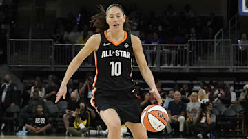 Jul 10, 2022; Chicago, Ill, USA; Team Stewart guard Sue Bird (10) during the first half of the WNBA All Star Game at Wintrust Arena. Mandatory Credit: David Banks-Imagn Images