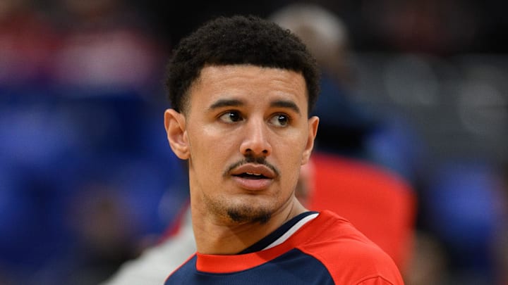 Washington Wizards guard Johnny Davis (1) warms up before the game between the Washington Wizards and the LA Clippers at Capital One Arena on November 27, 2024.